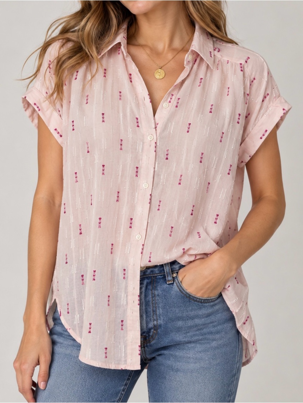 LOFT Pink Embroidered Dobby Dot Short Sleeve Collared Shirt (Size S)